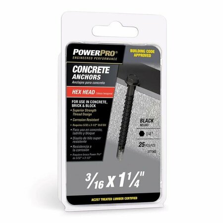 HILLMAN Power Pro 3/16 in. D X 1-1/4 in. L Carbon Steel Hex Head Concrete Screw Anchor, 25PK 377362